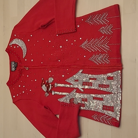 EUC Vintage Berek Red Christmas Themed Sequined and Beaded Zip Up Cardig… - Picture 1 of 15